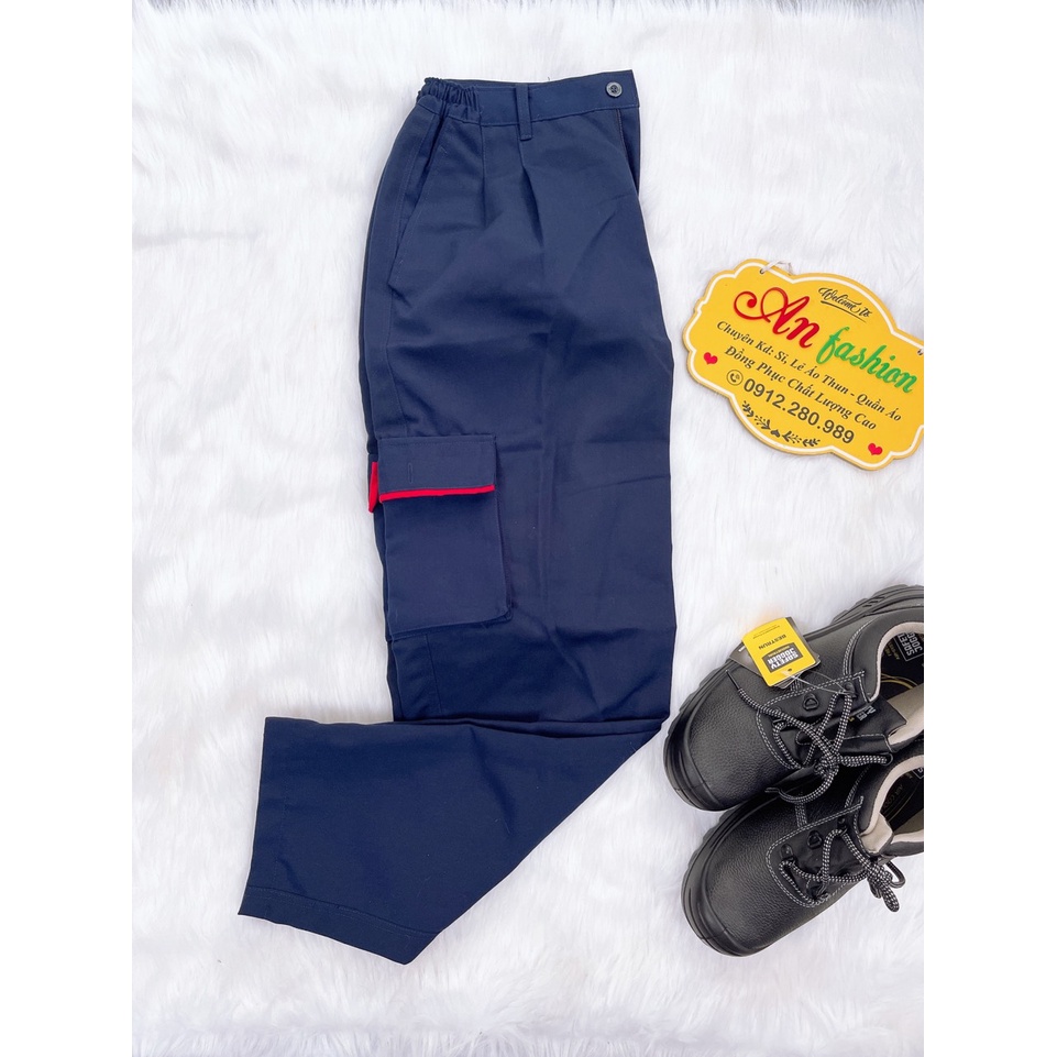 Đồ bảo hộ lao động, Quần áo công trình vải kaki may đẹp màu xanh đen phối đỏ tay ngắn _ Hình chụp thật