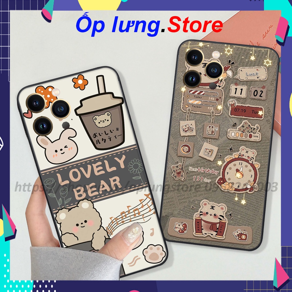 Ốp Iphone 13/ 13Mini/ 13 Pro/ 13 Pro Max bộ hình bear lovely,merry christmase,mill tea cute viền vuông bảo vệ camera