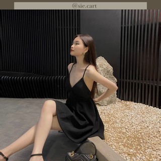 Đầm 2 dây đen xòe bồng dây chéo lưng kèm mút lót + tăng đơ điều chỉnh