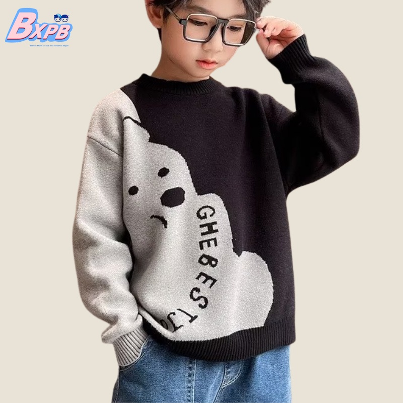 Áo sweater BXPB dệt kim dáng rộng thoải mái thiết kế khóa gấu phong cách mới cho bé trai 3-15 tuổi