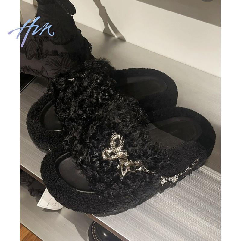 Dép Lông Xù Quai Ngang Dày Dặn Ấm Áp Thời Trang Thu Đông Dành Cho Nữ