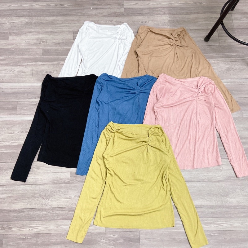 Áo Thun Dài Tay Cổ Nhún Chữ V Lệch Vai Chất Thun Tăm Mềm