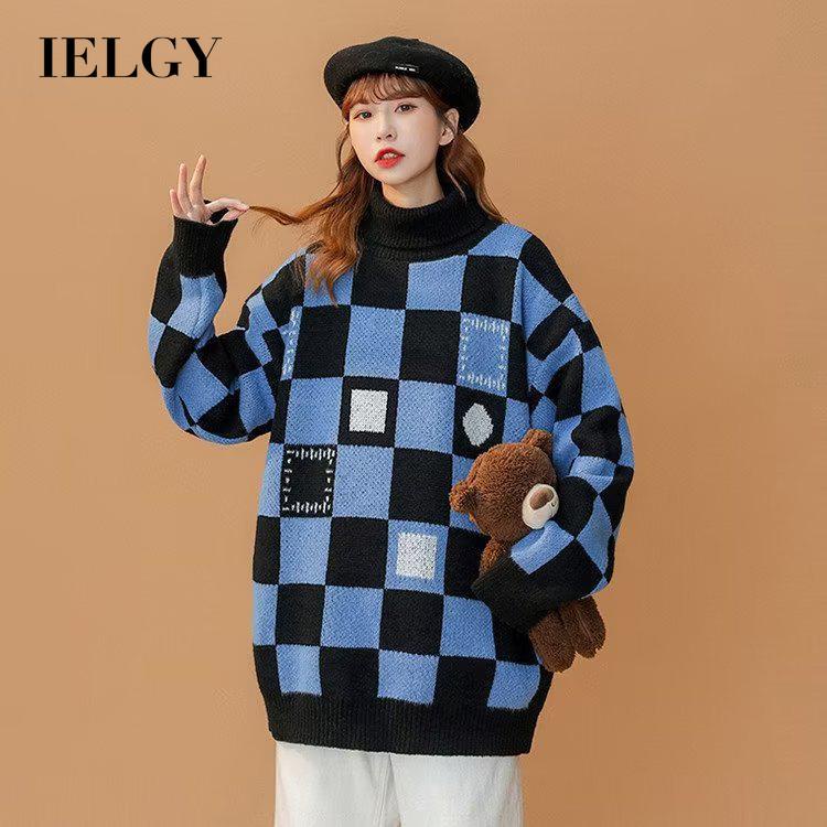 IELGY      Áo Len Cổ Lọ Họa Tiết Sọc Caro Màu Sắc Tương Phản Phong Cách Hong Kong Cho Nữ