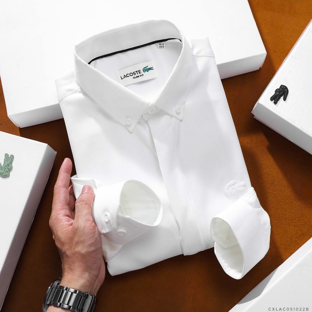 Áo sơ mi tay dài Không Túi GIẤU NÚT LACOSTE LOGO THÊU VẢI COTTON LỤA HIẾM 6 MÀU siêu sang Hàng xịn Cao Cấp