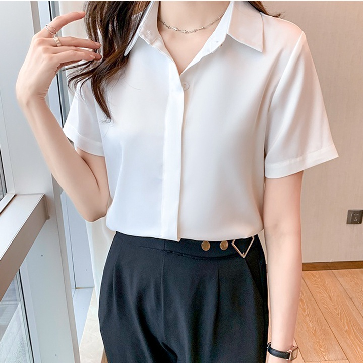 Áo sơ mi nữ tay ngắn nút ẩn trơn nhiều màu thanh lịch, nhẹ nhàng phối đồ xinh