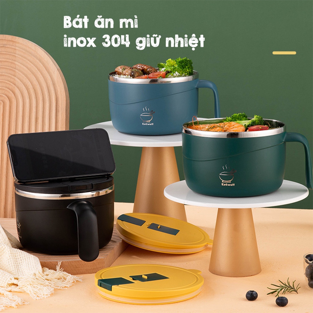 Bát ăn mì inox 304 giữ nhiệt có tay cầm, nắp kèm giá đỡ điện thoại siêu tiện dụng, ca/ tô đựng cháo mì đa năng 1200ml
