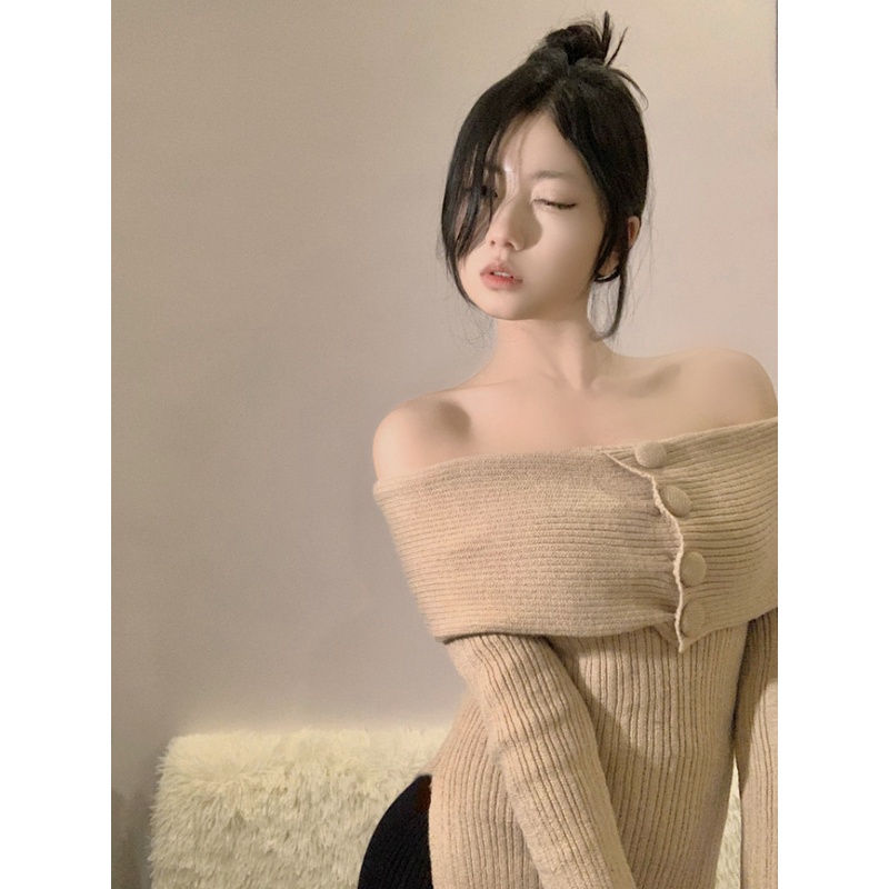 Áo Dệt Kim Tay Dài Dáng Ôm Trễ Vai Quyến Rũ Trẻ Trung Hợp Thời Trang