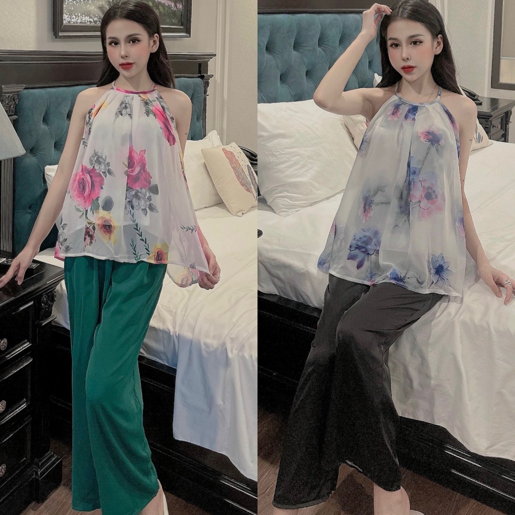 Áo yếm voan tơ in họa tiết, áo 2 lớp phối quần lụa mango, quần có túi | BigBuy360 - bigbuy360.vn