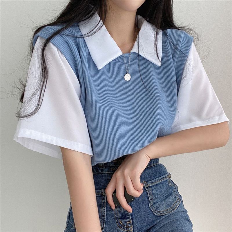 Áo Thun Polo Ngắn Tay Giả Hai Lớp Màu Sắc Thời Trang Dành Cho Nữ