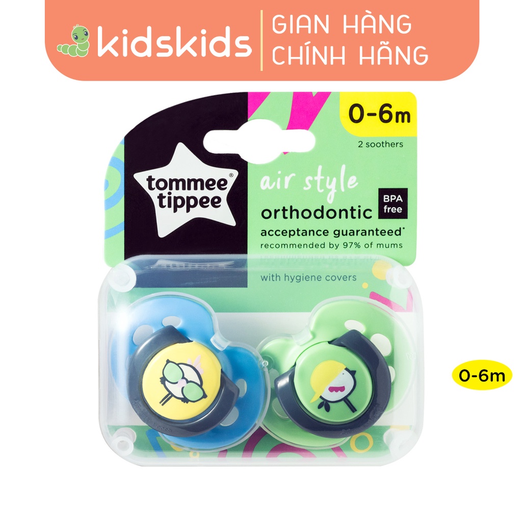 Ty ngậm thoáng khí cho bé Tommee Tippee Air 0-6 tháng (vỉ đôi) - Chim sẻ xanh