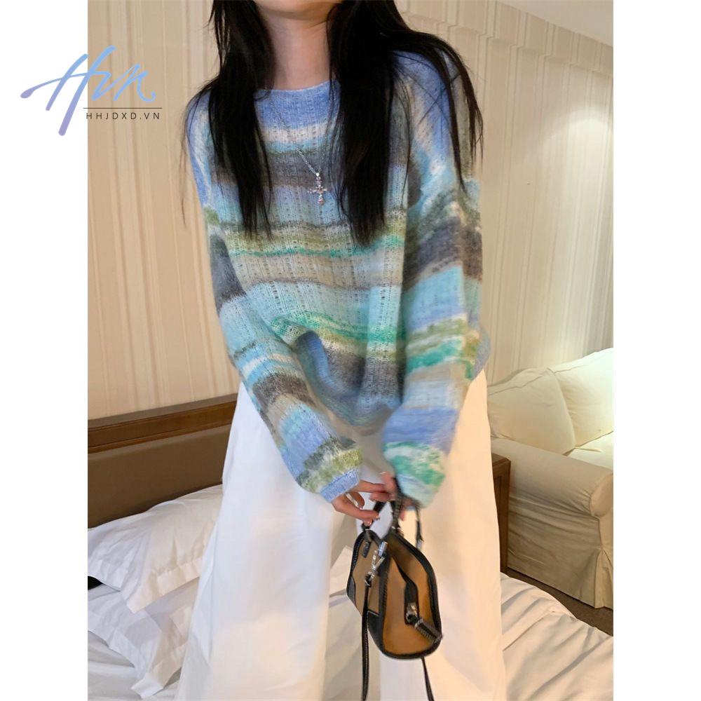 Áo dệt kim mềm tay dài dáng rộng họa tiết màu nhuộm trẻ trung thời trang mùa thu cho nữ