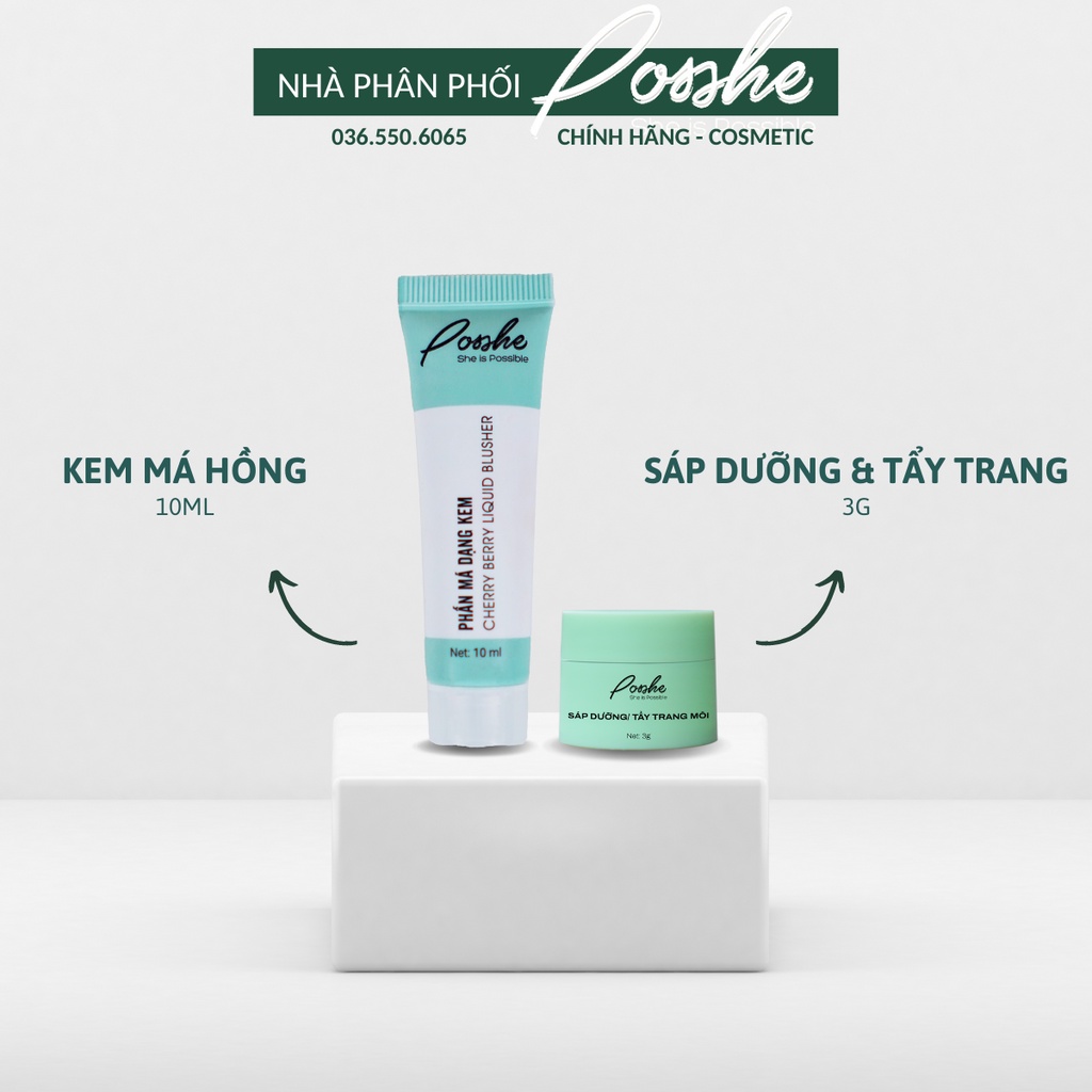 COMBO Kem Má Hồng Posshe 10ml + Sáp Dưỡng Và Tẩy Trang Môi 2in1 Posshe 3g Chính Hãng
