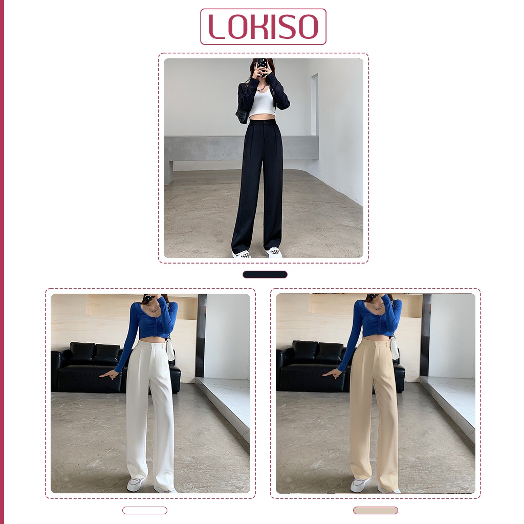 Quần ống rộng nữ cạp cao trắng ống suông lưng cao công sở LOKISO QD01