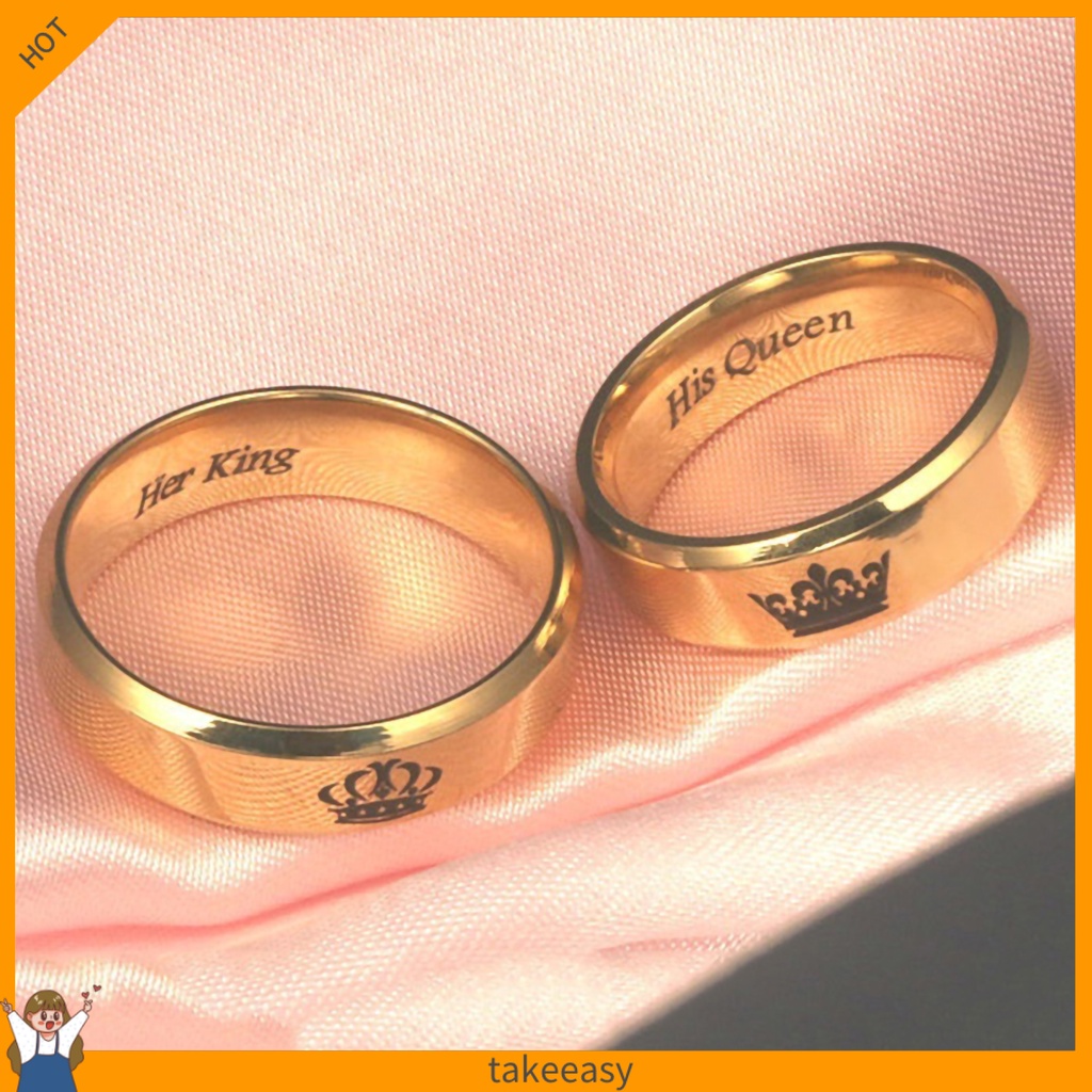 Nhẫn Thép Titan Khắc Chữ His Queen Her King Cho Cặp Đôi