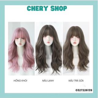 Tóc giả nữ đẹp nguyên đầu xoăn dợn kiểu Hàn hot pink hồng khói làm bằng sợi tơ cao cấp kèm lưới trùm mã 8289