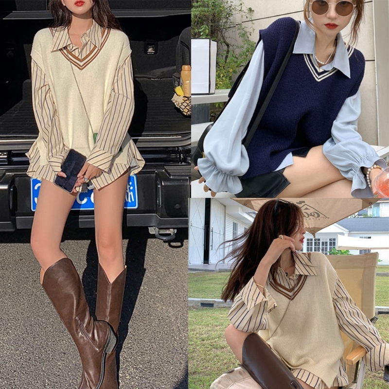 Áo Sweater Dệt Kim Sát Nách Dáng Rộng Cổ Chữ V Thời Trang