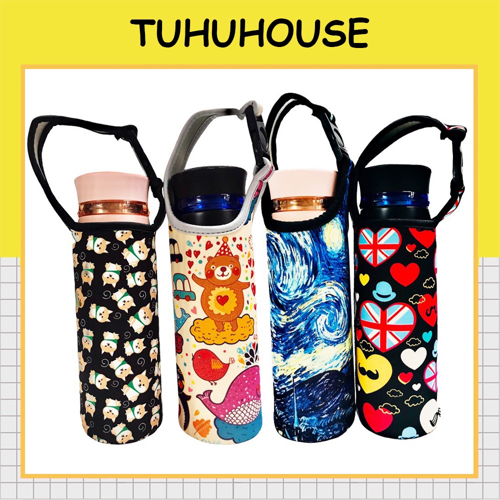 Túi đựng bình giữ nhiệt có quai xách, túi đựng ly giữ nhiệt 600ml họa tiết dễ thương - TUHUHOUSE