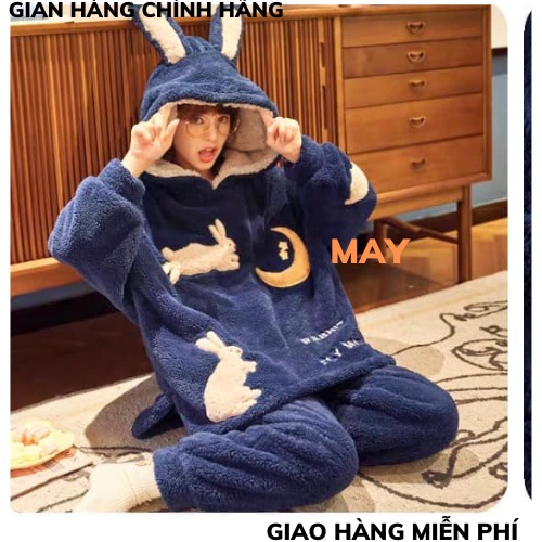 Bộ đồ ngủ bông, pijama, quần áo mặc ở nhà dài tay mùa đông có mũ chất lông mềm mịn hình cute dày dặn siêu ấm