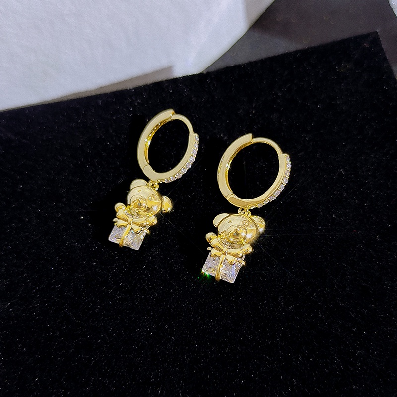 Khuyên tai JIUDUOLAN thiết kế gấu đính đá zircon sáng bóng mạ vàng/ bạc thời trang Hàn Quốc dễ phối đồ cao cấp