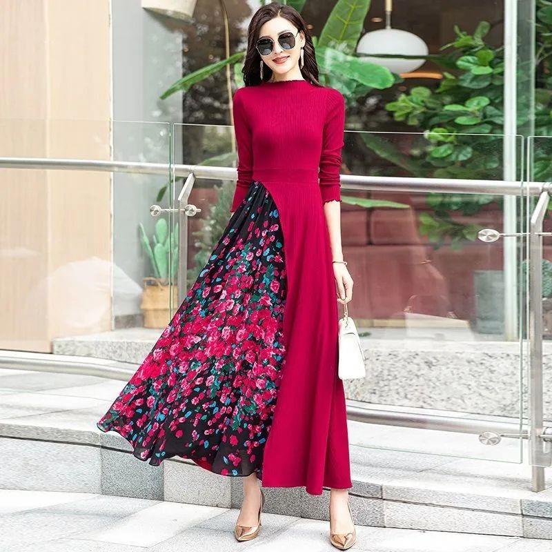Bdjlarge Đầm Xòe Tay Dài Dệt Kim Mỏng Màu Tương Phản Thời Trang Mùa Thu Hàng Mới Dành Cho Bạn Nữ