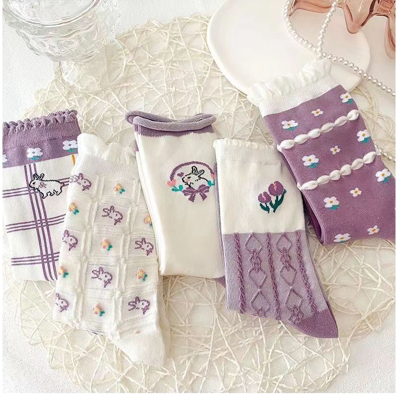 Đôi Vớ Cổ Cao Phối Ren Màu Tím Phong Cách lolita Dành Cho Nữ