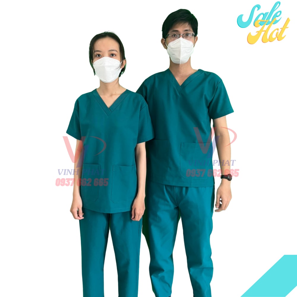 Bộ Scrubs Phẫu Thuật Nam Nữ Xanh Lông Công, Bộ Quần Áo Phòng Mổ Y Tá Vải Cotton Cao Cấp Mịn Thoáng Mát - Hình thật