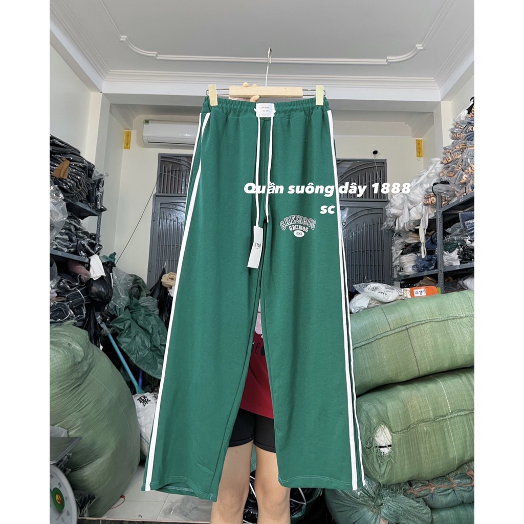 Quần Suông Ống Rộng Unisex Green Lưng Chun Cạp Cao Phối Dây Rút Chốt Gấu Dày Dặn