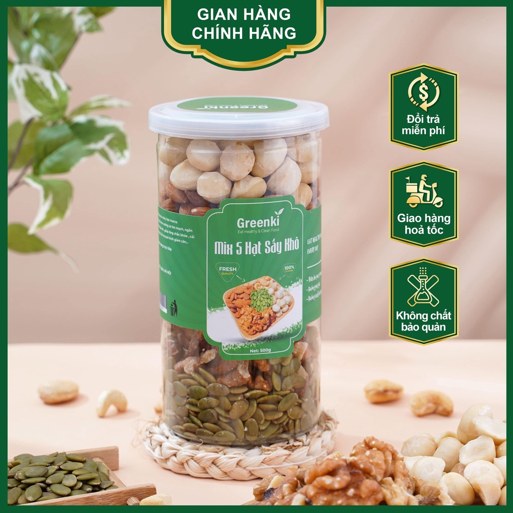Hạt dinh dưỡng mix 5 vị Hũ 500G Gồm các hạt macca, hạt điều, óc chó, hạt bí, hạt hạnh nhân loại cao câp