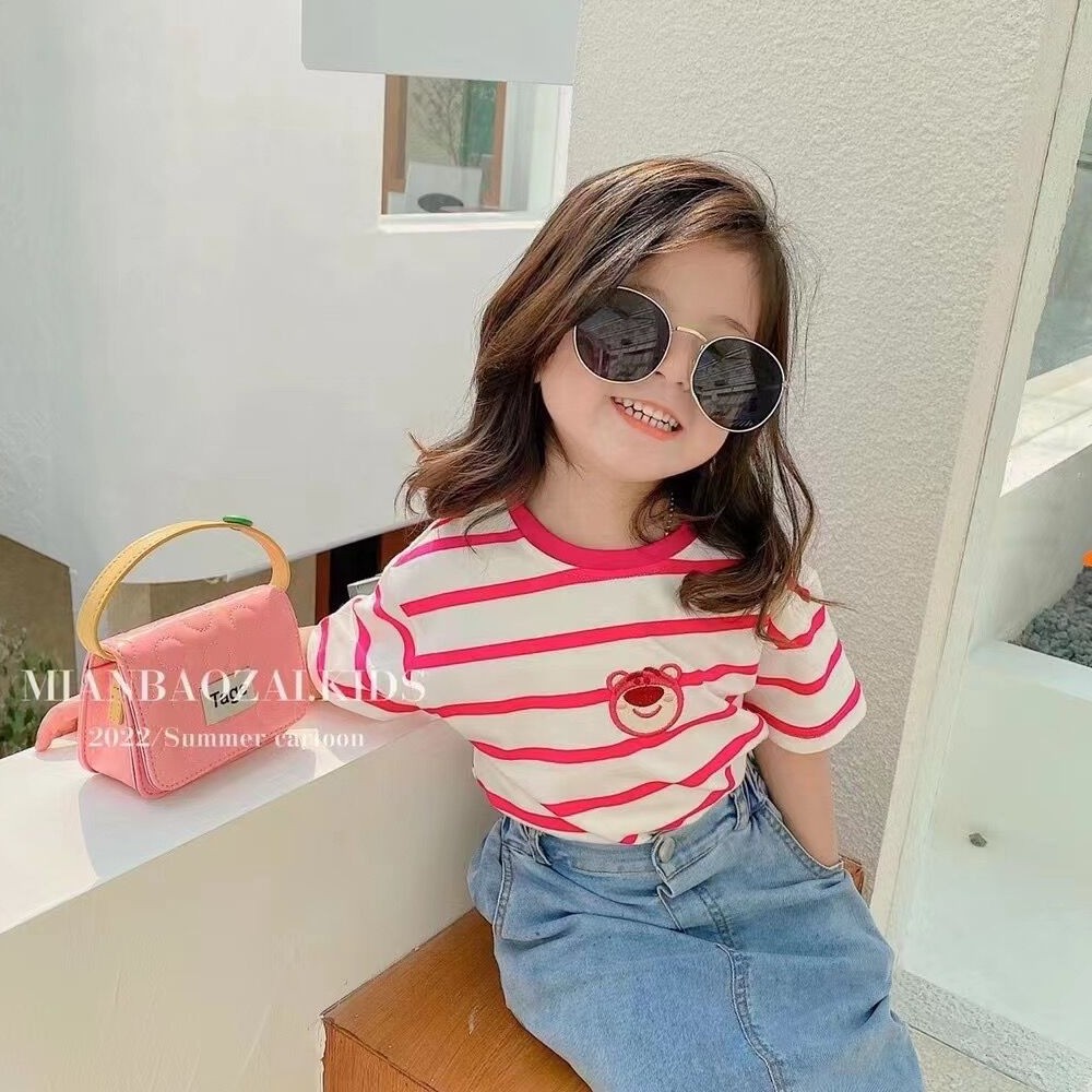 Sun baby DISNEY Áo Thun Tay Lỡ In Họa Tiết Hoạt Hình Gấu Dâu Tây Dễ Thương Thời Trang Mùa Hè Cho Bé