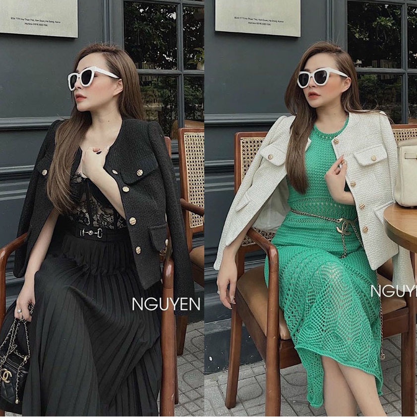Áo Khoác Dạ Tweed Lửng Trắng Đen Nút Gài Tay Dài Dáng Rộng 55kg Trở Lại Cao Cấp Ulzzang