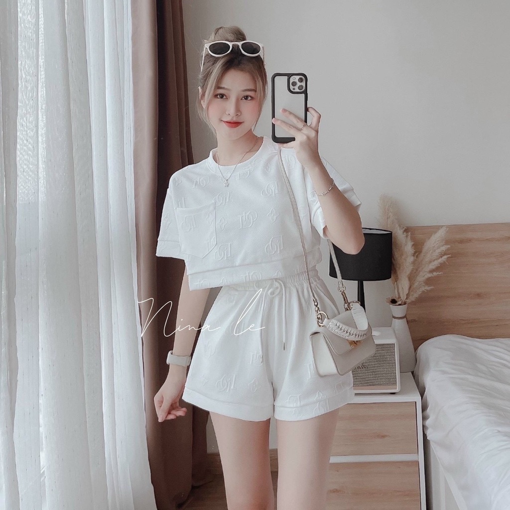 [11.11 Sale Freeship] Set thời trang nữ mặc đi chơi ,set dạ cổ tròn tay ngắn túi ngực in chữ nổi mix quần đùi có túi dx