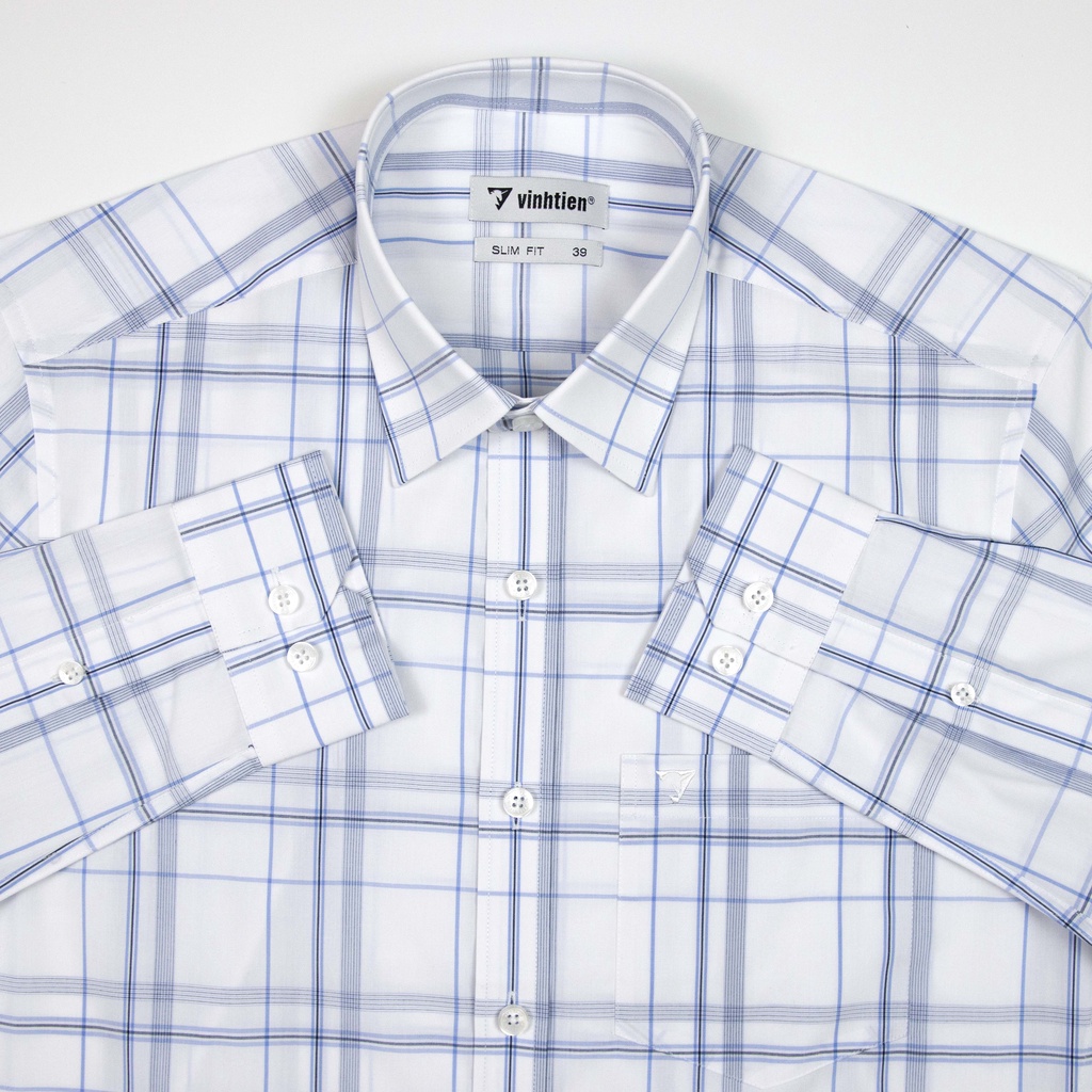 Áo Sơ Mi Vĩnh Tiến Dài Tay Dáng Slim Fit Vạt Bầu Vải Sọc Caro Bamboo 465 - G539