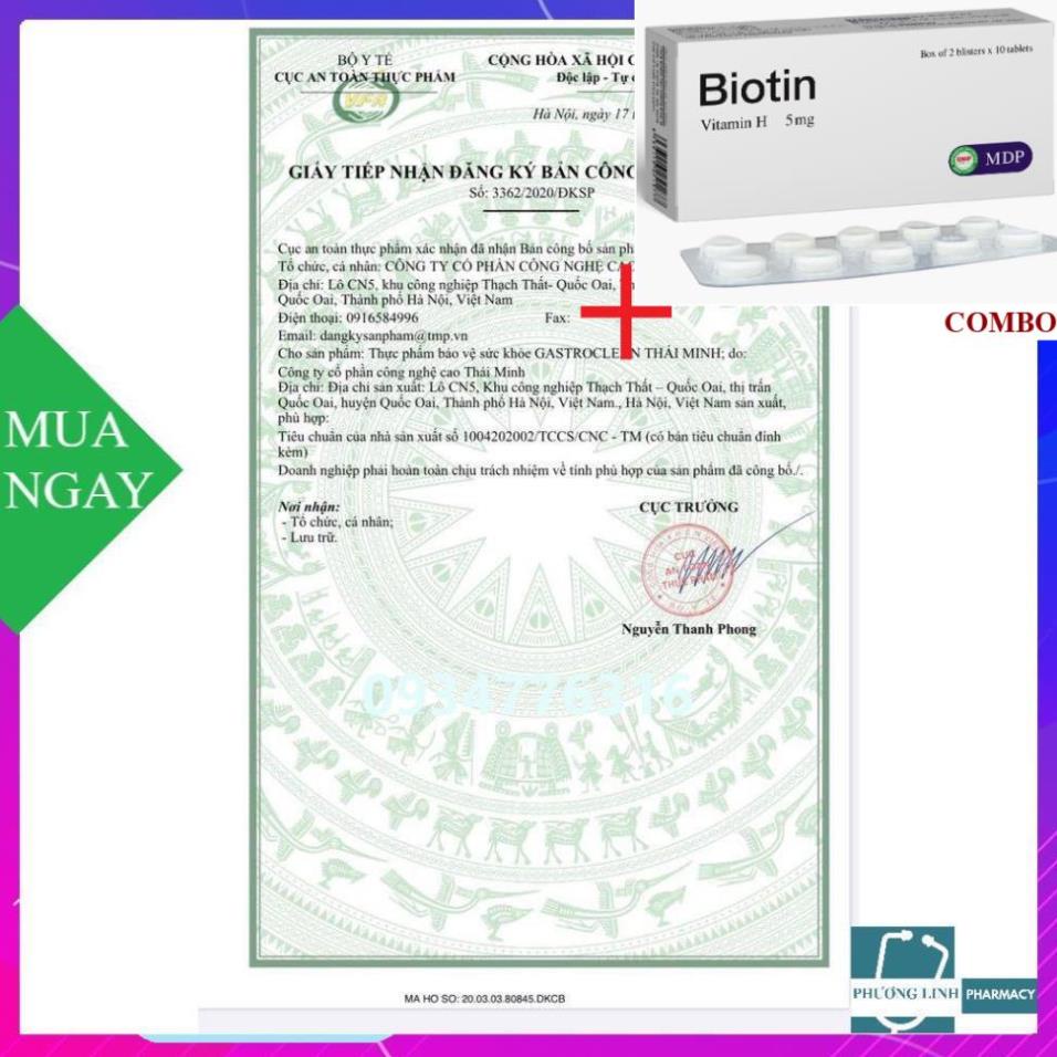 Combo Biotin 5mg+ Viên uống Gastroclean Thái Minh hổ trợ cho người bị viêm loét dạ dày, hộp 20 viên
