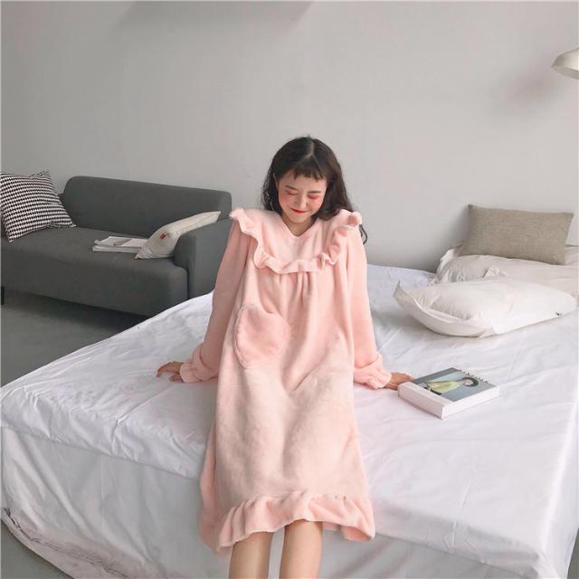 Hàng Có Sẵn Đầm Ngủ Dài Vừa Phải Bằng Vải Flannel Phong Cách Hàn Quốc Ngọt Ngào Dễ Thương Giữ Ấm Mùa Thu Đông
