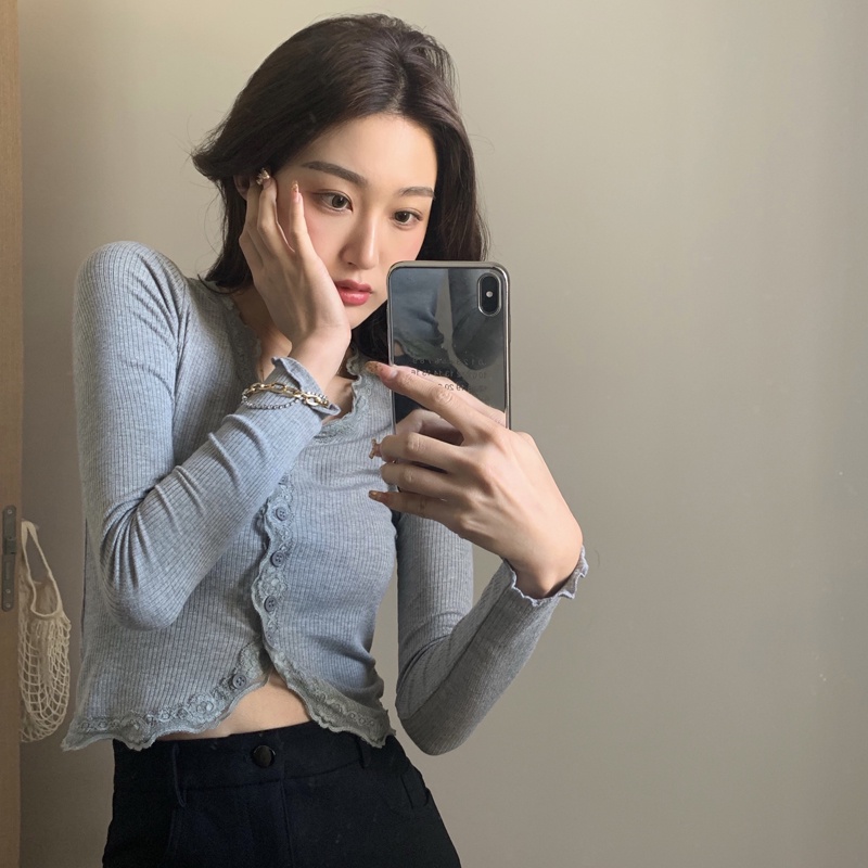 Áo Thun Dệt Kim Tay Dài Phối Ren Thiết Kế Mới Thời Trang Mùa Thu Cho Phái Nữ