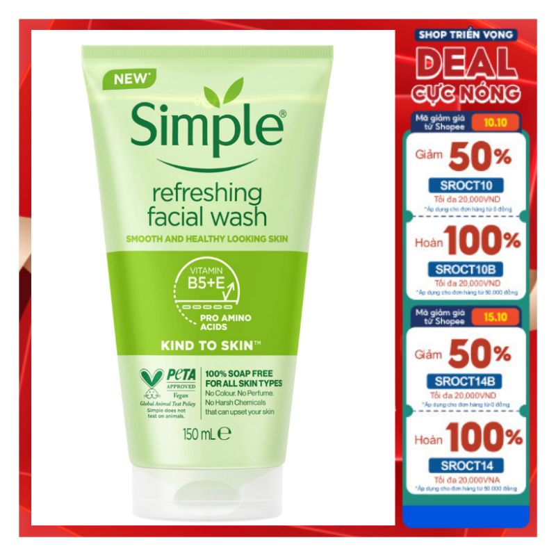 Sữa rửa mặt thiên nhiên Simple Gel Kind To Skin Refreshing Facial Wash 150ml