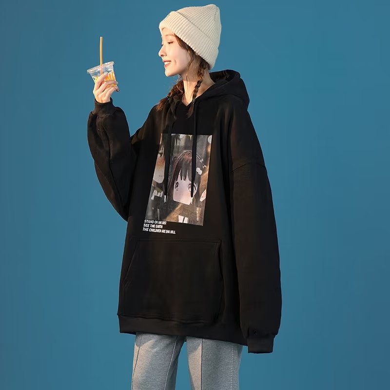 IELGY    Áo Hoodie Dáng Rộng In Họa Tiết Hoạt Hình Phong Cách Hong Kong Thời Trang Cho Nữ
