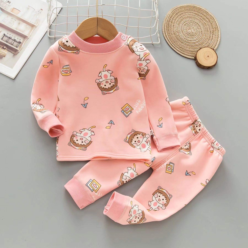 (QiQi 8-16kg) Bộ quần áo trẻ em - Bộ nỉ lót lông nhung quảng châu xuất Hàn cao cấp cho bé gái 1-4t