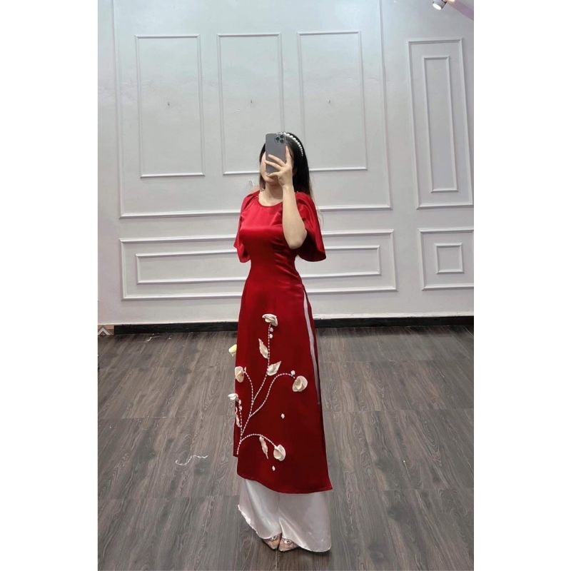 Áo dài cách tân vải tata kết tay hoa nổi sang chảnh, áo dài vai cách điệu xinh lắm nha