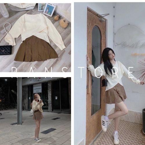 Set bộ áo trễ vai chéo tay dài kèm chân váy unisex / Sét đồ thu đông nữ mặc đi chơi, dự tiệc sang chảnh_ranstore