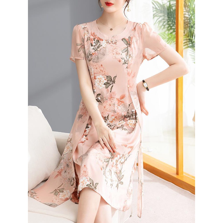 Váy trung niên in hoa sang trong cho mẹ bigsize dự tiệc thiết kế dáng suông cao cấp P12