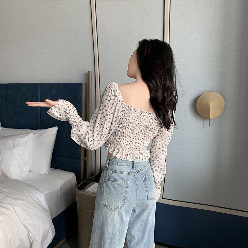 IELGY Áo Sơ Mi chiffon Cổ Vuông Viền Gỗ Dài Tay Phong Cách vintage Cho Nữ