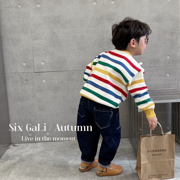 Áo Sweater Dệt Kim Kẻ Sọc Màu Cầu Vồng Kiểu Hàn Quốc Thời Trang Mùa Thu Cho Bé