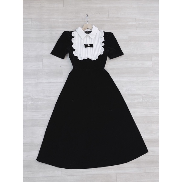 Váy nhung cổ phối bèo trắng nơ ngọc tay bồng size S M L huyen hip