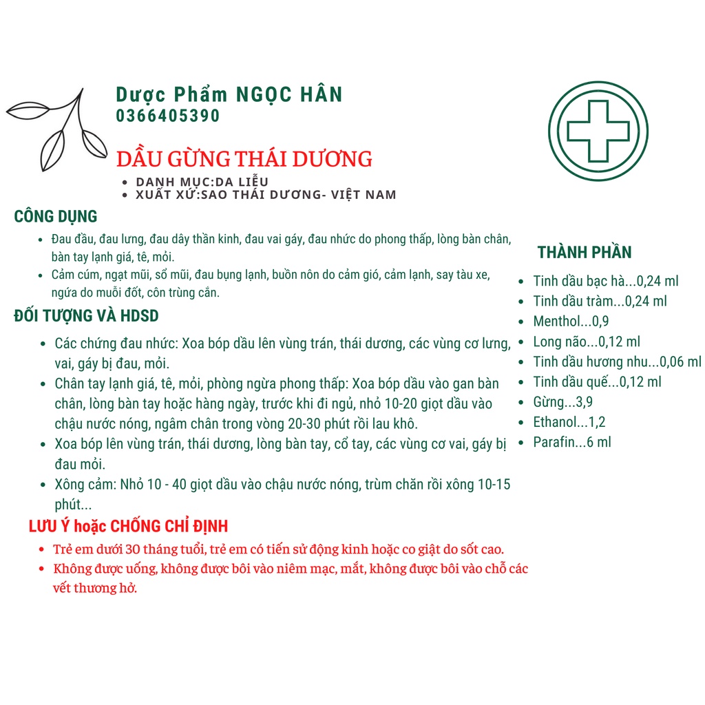 DẦU GỪNG THÁI DƯƠNG 6ML,24ml