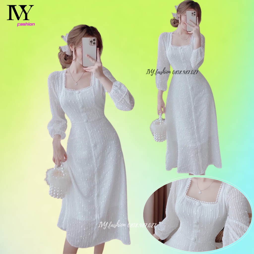 🔥40-70KG🔥 Đầm váy midi trắng 🔥vải kim sa🔥 cổ vuông tay phồng dài dáng dài đi biển dự tiệc dạo phố bigsize
