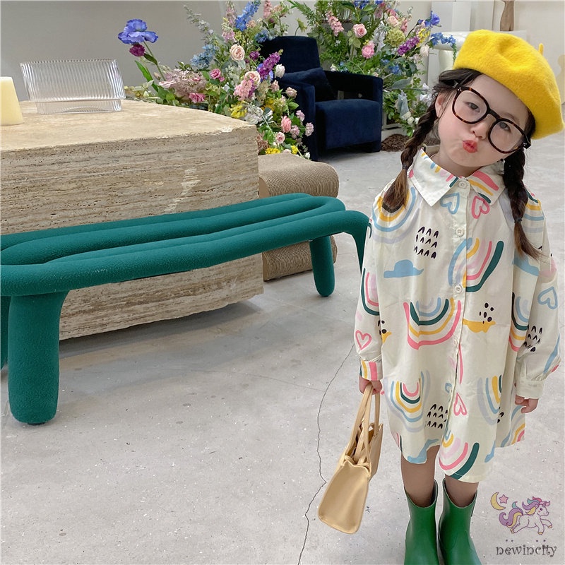 Đầm Dài Tay In Họa Tiết Cầu Vồng Cho Bé