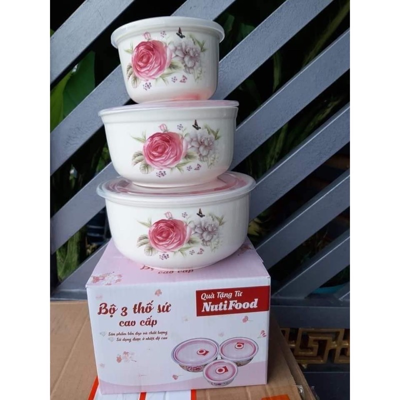 Bộ 3 tô sứ lạnh cao cấp - bát sứ lạnh có nắp chân không - bộ 3 thố đựng cơm mang đi