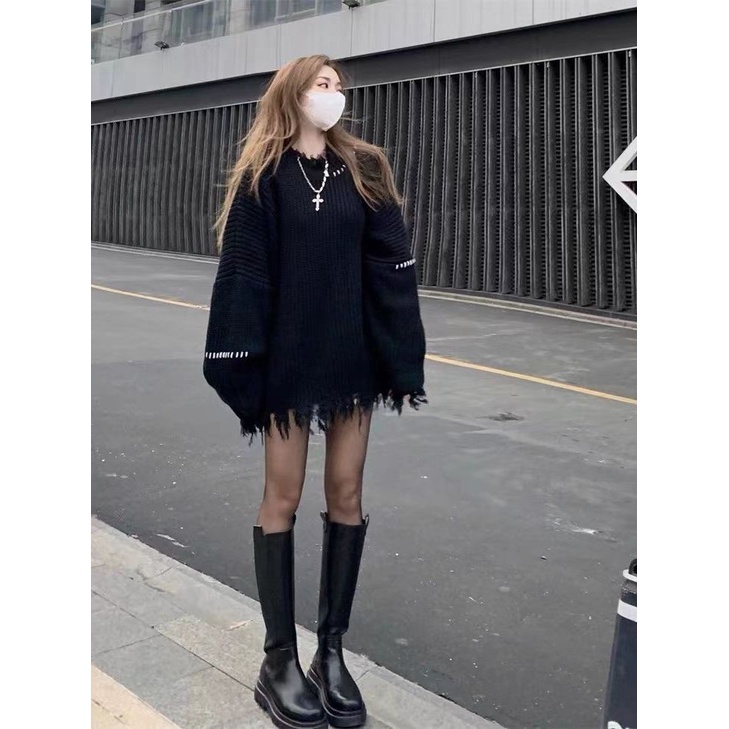 Jiashucheng Áo Sweater Chui Đầu Dày Chui Đầu Dáng Rộng Dài Vừa Phải Thiết Kế Rách Thiết