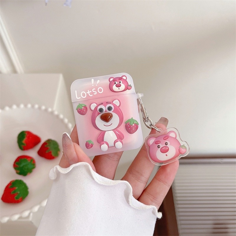 Ốp vỏ bọc trong nhám bảo vệ hộp sạc tai nghe không dây Airpods 1 / 2 / Pro / 3 hình gấu dâu Lotso hồng